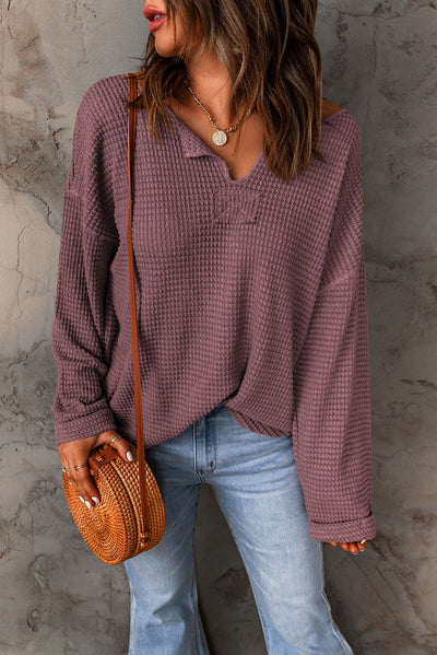 purple Waffle Knit Loose Long Sleeve Top-Tops-MomFashion