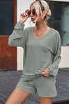 Grass Green Corded V Neck Slouchy Top Pocketed Shorts Set-Loungewear-MomFashion