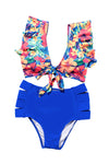 Floral Print Front Tie High Waist Bikini Swimsuit with Ruffles-Swimwear-MomFashion