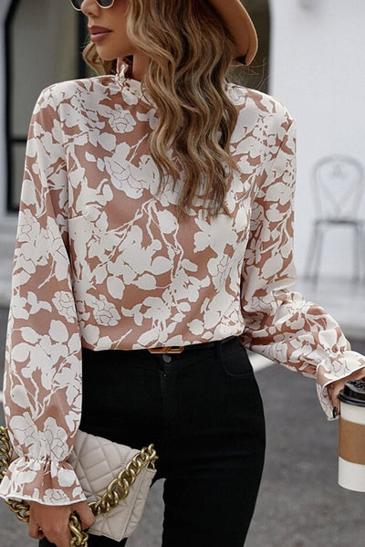 Light French Beige Floral Print Frilled Neckline Flounce Sleeve Blouse-Tops-MomFashion