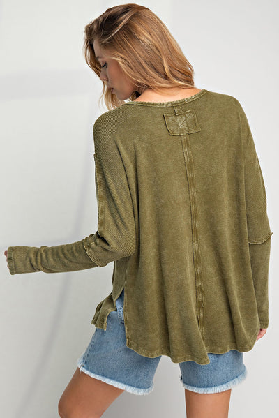 Green Raw Seam Mineral Washed Long Sleeve Top-Tops-MomFashion