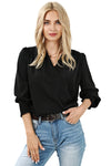 Black Solid Surplice Neck Shirred Cuffs Draped Blouse-Tops-MomFashion