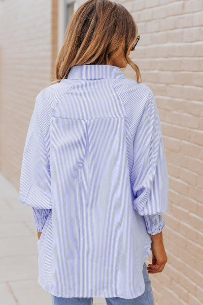 Sky Blue Smocked Cuffed Striped Boyfriend Shirt with Pocket-Tops-MomFashion