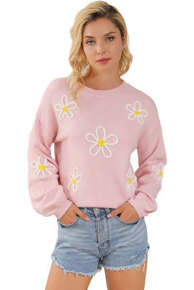 Pink Chenille Daisy Stitching Crew Neck Sweater-Tops-MomFashion