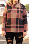 Mineral Red Plus Size Plaid Print Button Decor Asymmetric Neck Top-Plus Size-MomFashion