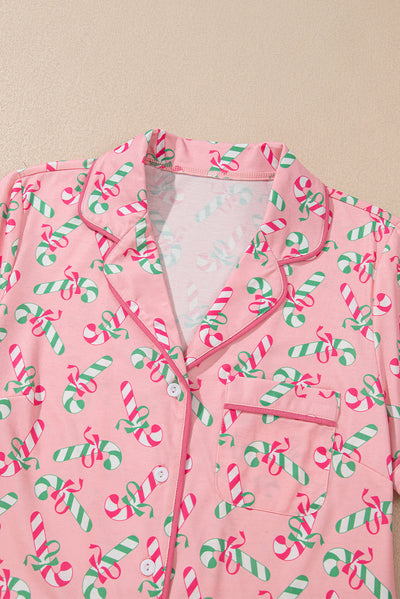 Pink Christmas Candy Cane Print Pocketed Knotted Pajama Set-Loungewear & Sleepwear/Sleepwear-MomFashion