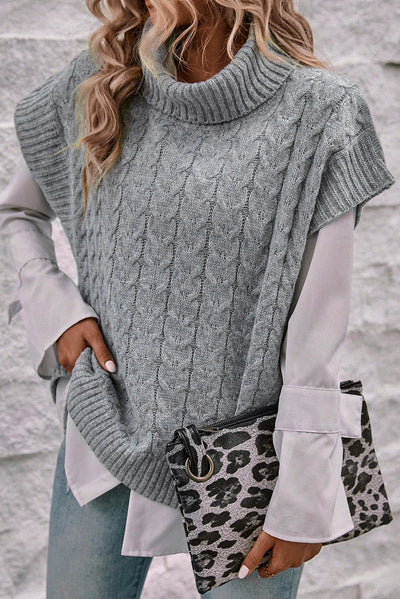 Medium Grey Cable Knit Turtleneck Batwing Sleeve Sweater-Tops-MomFashion