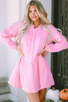 Pink Turn-down Neck Textured Bubble Sleeve Dress-Dresses-MomFashion