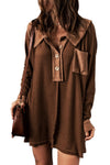 Brown Waffle Knit Buttoned Long Sleeve Top-Tops-MomFashion