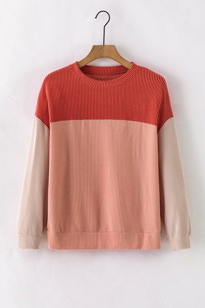 Fiery Red Color Block Long Sleeve Ribbed Loose Top-Tops-MomFashion