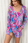 Purple Floral Long Sleeve Top and Drawstring Shorts Set-Loungewear-MomFashion