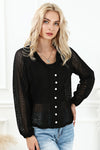 Black V-Neck Long Sleeve Button Up Lace Shirt-Tops-MomFashion