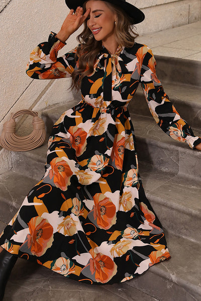 Orange Floral Print Tie Neck Long Sleeve Dress-Dresses-MomFashion