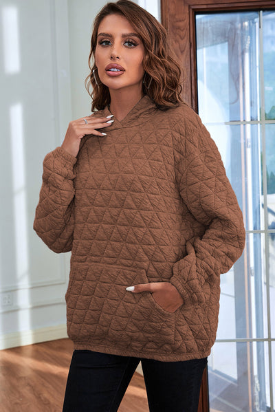 Coffee Solid Color Quilted Kangaroo Pocket Hoodie-Tops-MomFashion