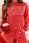 Racing Red Corded MERRY Graphic Long Sleeve Top and Shorts Set-Two Piece Sets/Short Sets-MomFashion