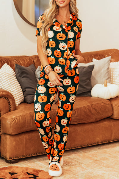 Orange Halloween Pattern Short Sleeve Shirt Pajama Set-Loungewear & Sleepwear/Sleepwear-MomFashion