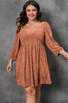 Chestnut Plus Size Suede Square Neck Balloon Sleeve Dress-Plus Size-MomFashion