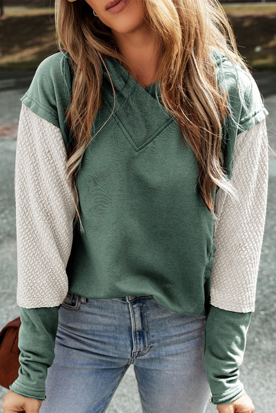 Mist Green Contrast Sleeves Patchwork Colorblock Hoodie-Tops-MomFashion