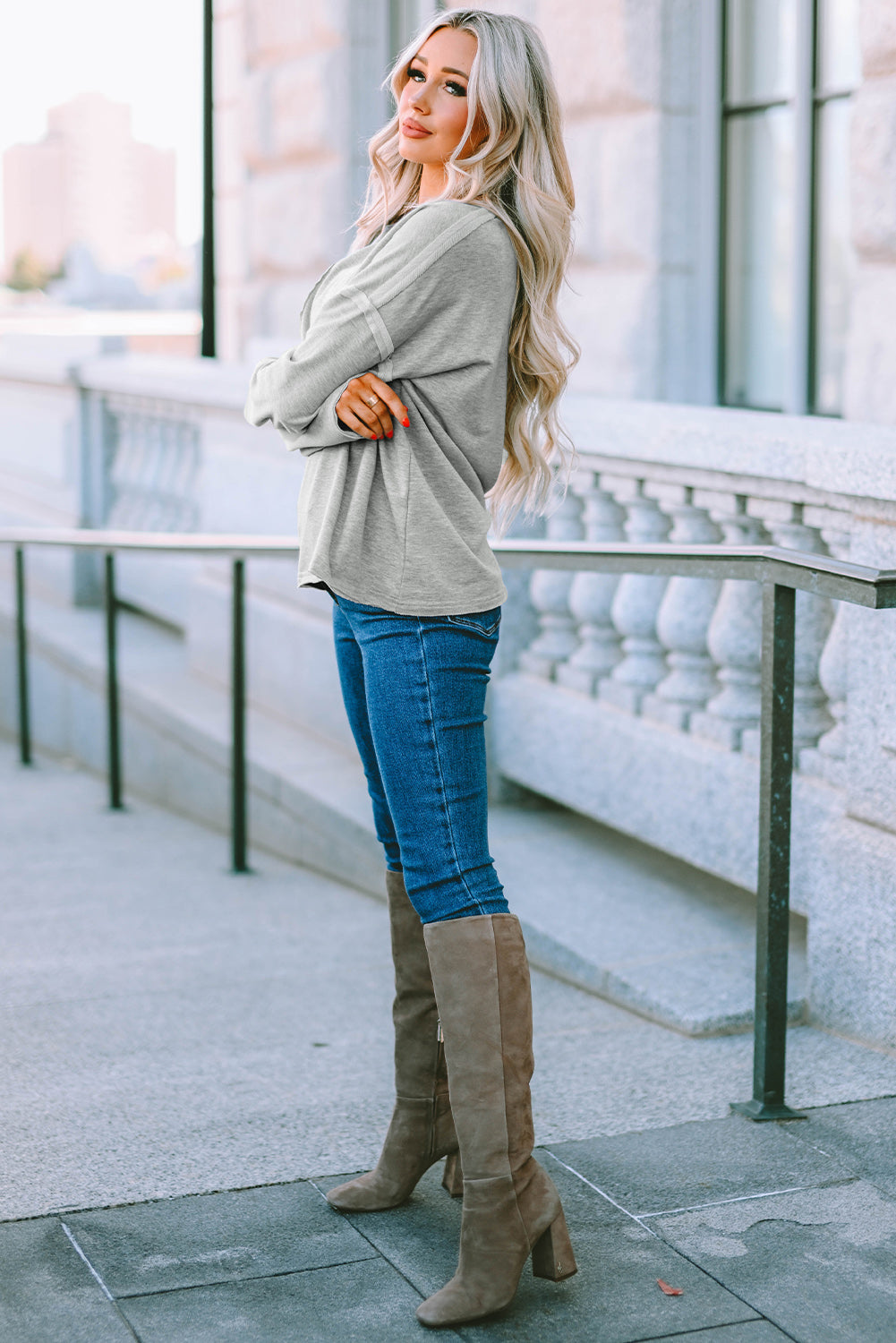 Gray Pocketed Oversized Drop Sleeve Top-Tops-MomFashion