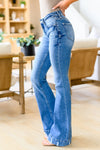 Sky Blue Slight Distressed Medium Wash Flare Jeans-Bottoms-MomFashion