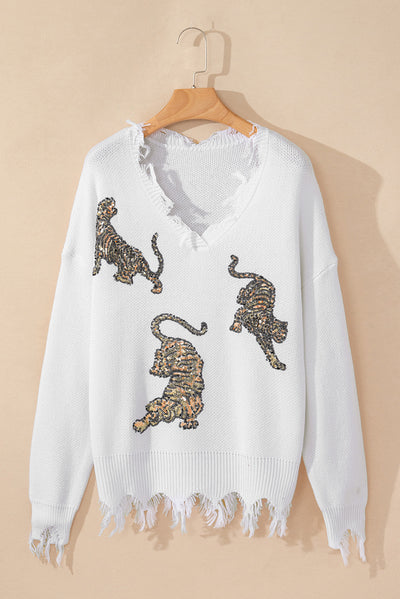 White Frayed Sequin Tiger Sweater-Tops-MomFashion