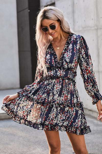 Blue Ruffle Detailing Open Back Floral Dress-Dresses-MomFashion