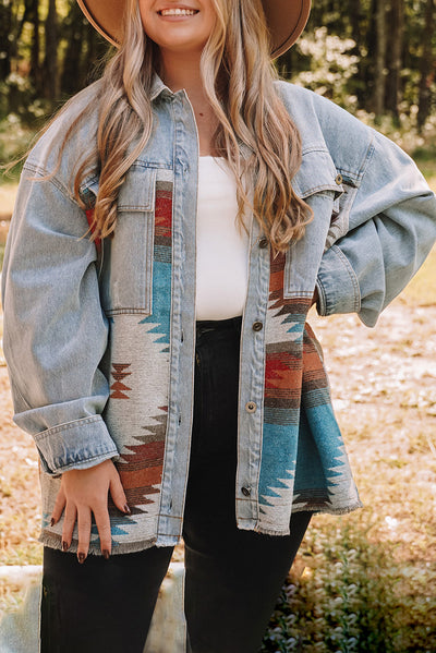 Sky Blue Plus Size Denim Aztec Jacket-Plus Size-MomFashion