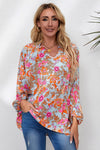 Sky Blue Floral Print Loose Fit Ruched V Neck Blouse-Tops-MomFashion