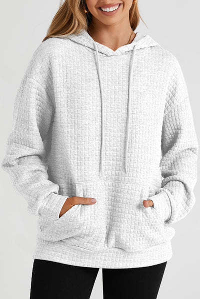 White Quilted Kangaroo Pocket Drawstring Hoodie-Tops-MomFashion