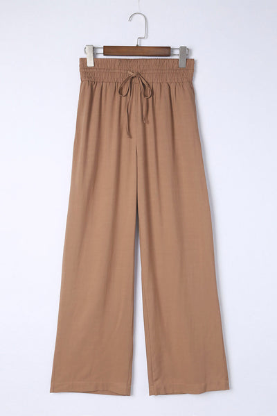 Brown Drawstring Elastic Waist Casual Wide Leg Pants-Bottoms-MomFashion