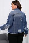 Dark Blue Plus Size Distressed Flap Pocket Denim Jacket-Plus Size-MomFashion