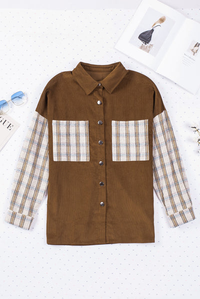 Brown Plaid Patchwork Corduroy Shirt Jacket with Pocket-Outerwear-MomFashion