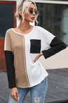 Black Long Sleeve Colorblock Chest Pocket Textured Knit Top-Tops-MomFashion