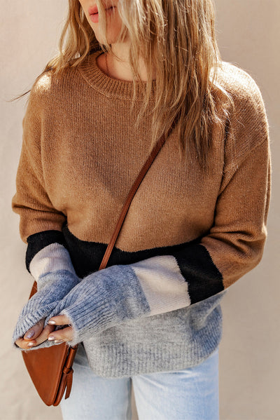 Brown Color Block Striped Ribbed Knit Sweater-Tops-MomFashion