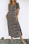 Black Stripe Print V Neck Maxi Dress with Side Splits-Dresses-MomFashion