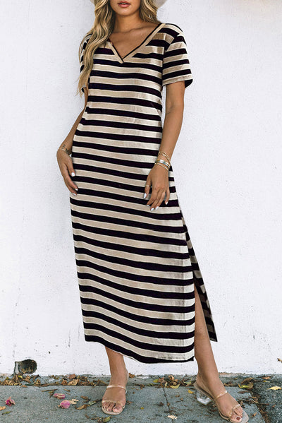 Black Stripe Print V Neck Maxi Dress with Side Splits-Dresses-MomFashion