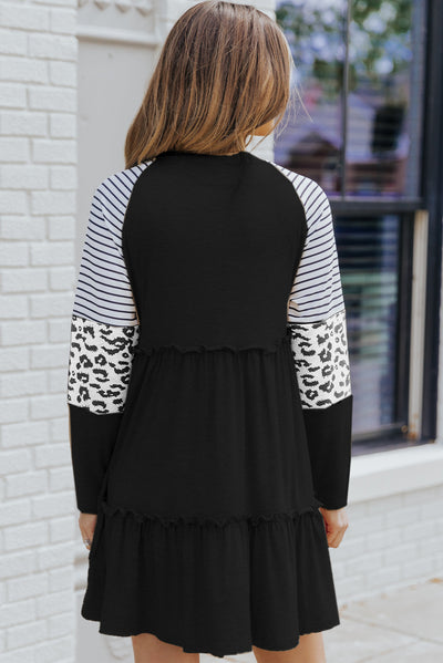 Black Plus Size Striped Leopard Patch Sleeve Ruffle Tiered Dress-Plus Size-MomFashion