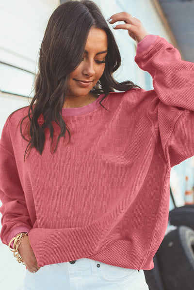 Strawberry Pink Ribbed Corded Oversized Sweatshirt-Tops-MomFashion