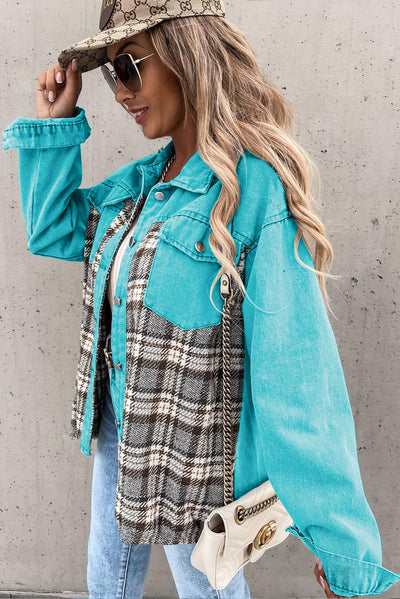 Sky Blue Plaid Patchwork Pockets Denim Jacket-Outerwear-MomFashion