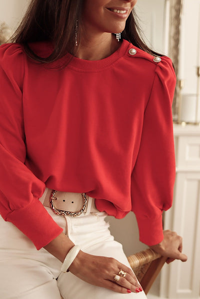 Fiery Red Button Tab Detail Long Sleeve Top-Tops-MomFashion