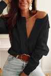 Black Lace Trim Ribbed Round Neck Button Up Cardigan-Tops-MomFashion