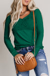 Green Lace Crochet V Neck Long Sleeve Top-Tops-MomFashion