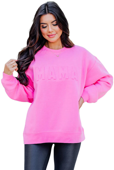 Bright Pink MAMA Letter Embossed Casual Sweatshirt-Tops-MomFashion