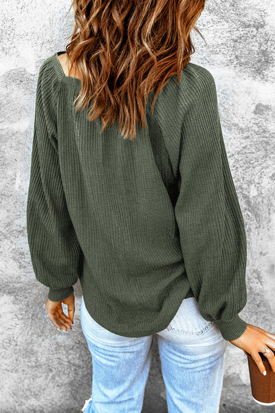 Green Scoop Neck Puff Sleeve Waffle Knit Top-Tops-MomFashion