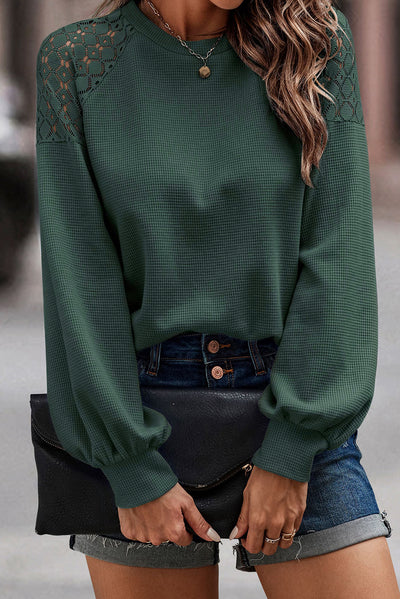 Green Lace Long Sleeve Textured Pullover-Tops-MomFashion