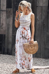 White Striped Floral Print Sleeveless Maxi Dress with Pocket-Dresses-MomFashion