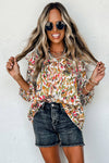 Multicolour Abstract Print 3/4 Puff Sleeve Ruffle Blouse-Tops-MomFashion