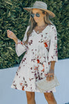 White V Neck 3/4 Sleeve Floral Dress-Dresses-MomFashion