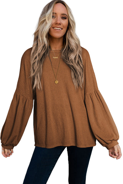 Faux Knit Jacquard Puffy Long Sleeve Top-Tops-MomFashion