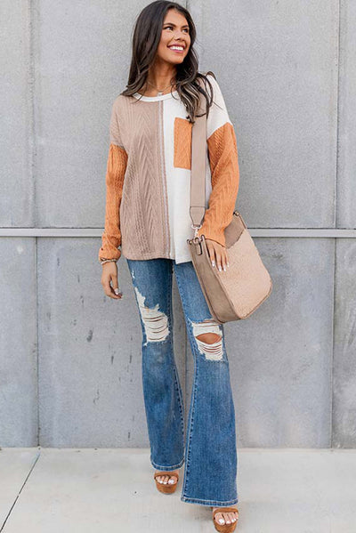 Orange Long Sleeve Colorblock Chest Pocket Textured Knit Top-Tops-MomFashion